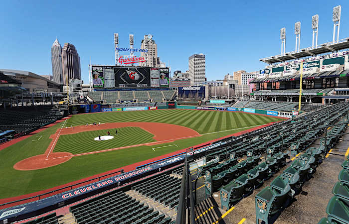Members of the Cleveland Guardians take care of the field during the week before their 2023 home opener at Progressive Field, Thursday, March 30, 2023, in Cleveland, Ohio.